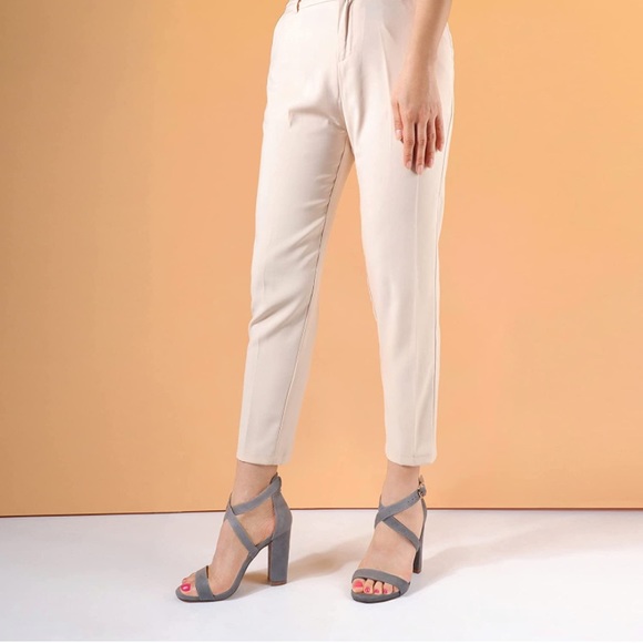 Chunky High Heel Sandal Strappy Open Toe Ankle Strap Gray Suede - Picture 5 of 5